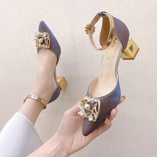 Chaussures Escarpins Talons Hauts En Cristal Pour Femmeschaussureslégantes Boucle De Perle Talons Carrés Pour Fête De Mariageescarpins Bout Pointu Pour Dames