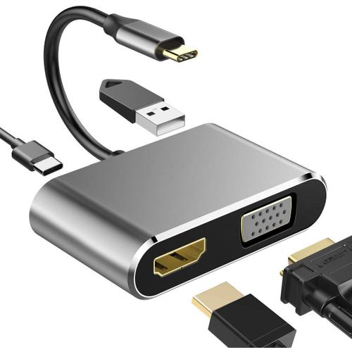 4-en-1 VGA Gris - Hub USB type c 3.1 vers HDMI 4K, adaptateur Thunderbolt 3, USB 2.0, RJ45, VGA, TF, lecteur SD, PD pour MacBook Pro 14 16 Air 13 M1