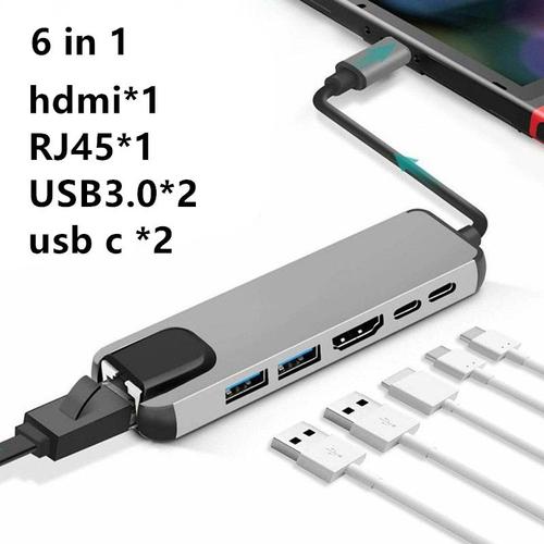 Moyeu 6 en 1 - Hub USB type c vers HDMI, adaptateur VGA 4K RJ45 Lan Ethernet SD TF USB C 3.0, vidéo de Type C pour MacBook Pro OTG