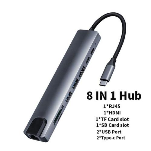 Moyeu 8 en 1 - Hub USB type c vers HDMI, adaptateur VGA 4K RJ45 Lan Ethernet SD TF USB C 3.0, vidéo de Type C pour MacBook Pro OTG