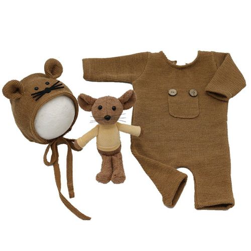 Combinaison Tricotée En Coton Pour Nouveau-Né,Ensemble D'Accessoires De Photographie, Bonnet En Souris, Pour Séances Photo, Vêtements Poupée 3 Pièces,