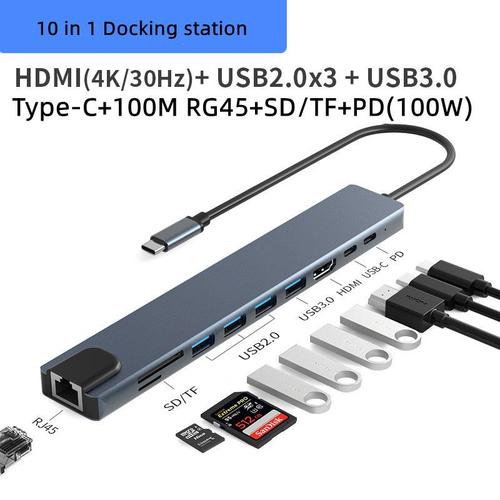 10 en 1 - Station'accueil Usb C vers HDMI, adaptateur RJ45 PD100W OTG Thunderbolt 3 Dock Usb 2.0/3.0 avec TF/SD pour Macbook Pro/Air M1