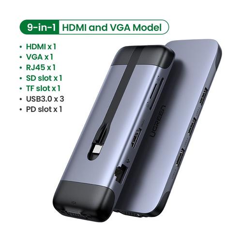 HDMI et VGA 9 en 1 - Ugreen ? Adaptateur séparateur USB 3.0 type C, port HDMI, avec entré Type C multiple, pour MacBook Pro, Air