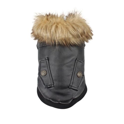 Manteau d'hiver chaud en cuir PU pour chien, veste avec col en fourrure, vêtement d'extérieur doux et imperméable pour petit et grand gabarit