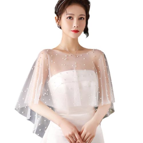 Women Faux Pearl Beading Shawl Wrap Shrug Bridal Cape Wedding Bolero Cover Up