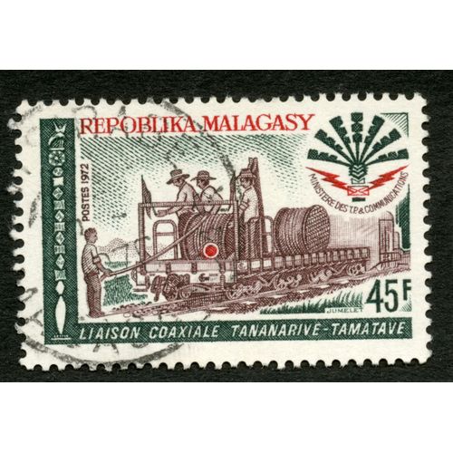 Timbre Oblitéré Repoblika Malagasy, Postes 1972, Liaison Coaxiale Tananarive - Tamatave, 45 F