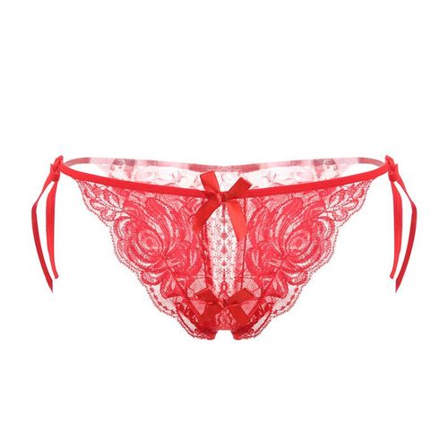 Culottes Sexy En Dentelle Pour Femme,String Transparent Taille Basse A Nouer Avec Bretelles En Dentelle, Rouge