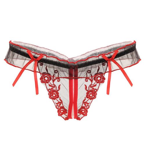 Lot De 3 Culottes Sexy En Dentelle Pour Femme,Broderie Ouverte Entrejambe Sous-Vêtement Transparent Femme Taille Unique Mignon Dentelle Noeud String Commerce Extérieur Marchandises, Rouge