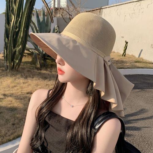 Chapeau D'été E27 Avec Châle Pour Femme,Casquette De Soleil De Plage Respirante,Grand N?Ud Papillon,Visière De Protection Du Visage Et Du Cou À Large Bord