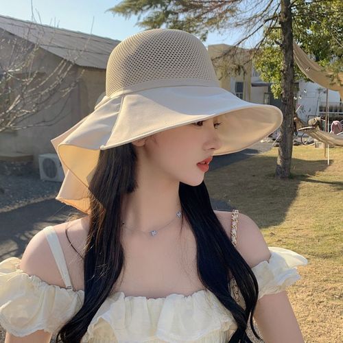 Chapeau D'été E27 Avec Châle Pour Femme,Casquette De Soleil De Plage Respirante,Grand N?Ud Papillon,Visière De Protection Du Visage Et Du Cou À Large Bord