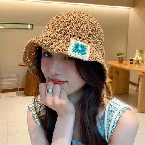 Ins-Chapeau De Paille E27 Pour Femme,Pare-Soleil De Voyage En Plein Air,Creux,Mignon,Fleur Tissée,Printemps Et Été,2032