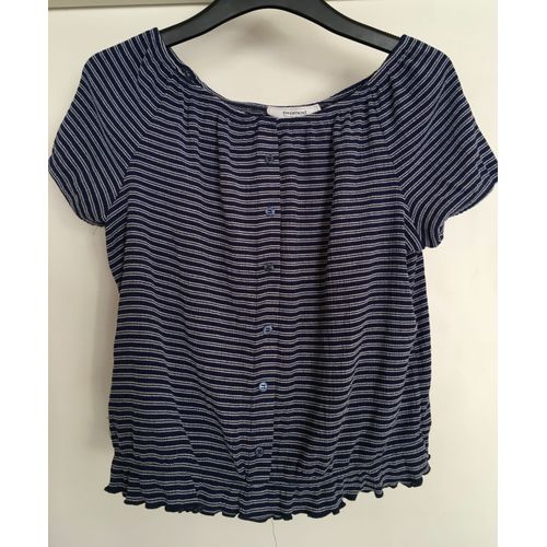 Tee-Shirt Promod Bleu Marine Rayé Blanc