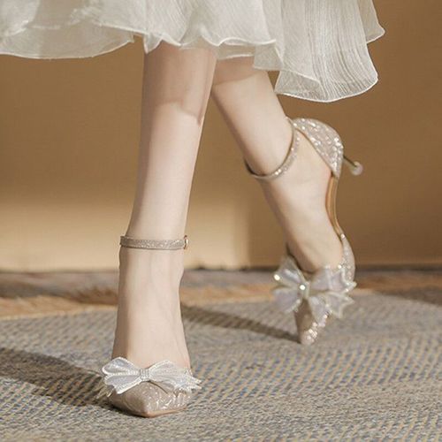 Escarpins À Talons Hauts Argentés Pour Femmes,Élégants,Grande Taille,42,Sangles De Rinçage,Chaussures De Fête,Parker Pointu,N?ud Papillon,Chaussures De Mariage,Automne,2023