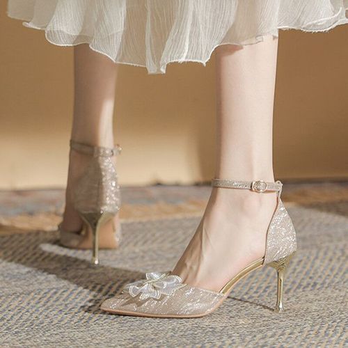 Escarpins À Talons Hauts Argentés Pour Femmes,Élégants,Grande Taille,42,Sangles De Rinçage,Chaussures De Fête,Parker Pointu,N?ud Papillon,Chaussures De Mariage,Automne,2023