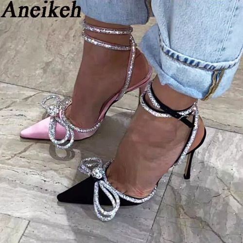 Aneikeh-Escarpins À Biscuits Scintillants Pour Femmes,Style Pvc,N?ud Papillon En Cristal,Satin,Chaussures De Soirée À Talons Hauts Pour Dames,Printemps 2024,Taille 35-42