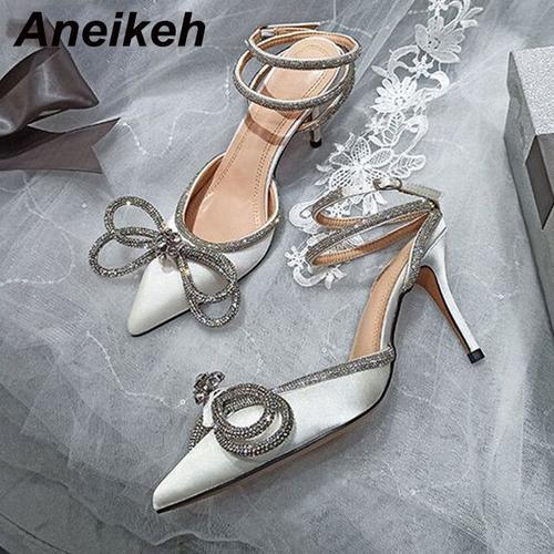 Aneikeh-Escarpins À Biscuits Scintillants Pour Femmes,Style Pvc,N?ud Papillon En Cristal,Satin,Chaussures De Soirée À Talons Hauts Pour Dames,Printemps 2024,Taille 35-42