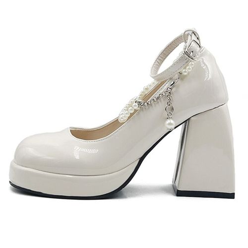 Chaussures Escarpins Plateformepaisse Pour Femmestalons Hautscuir Verninoirblancchaussures Lolitasangles De Rinçage Perléesétéy2k