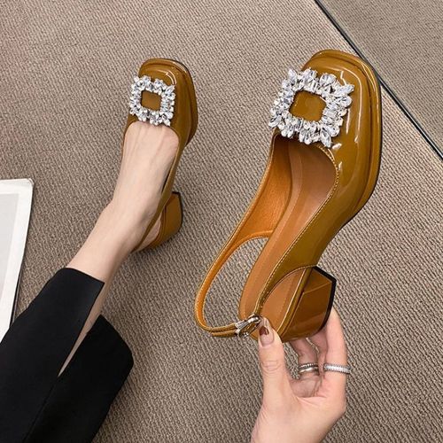 Escarpins En Cuir Cristal À Talons Bas Pour Femmes,Chaussures Mary Janes Romantiques,Talon Épais,Mode Décontractée,Parker Carré,Printemps,Automne - 36