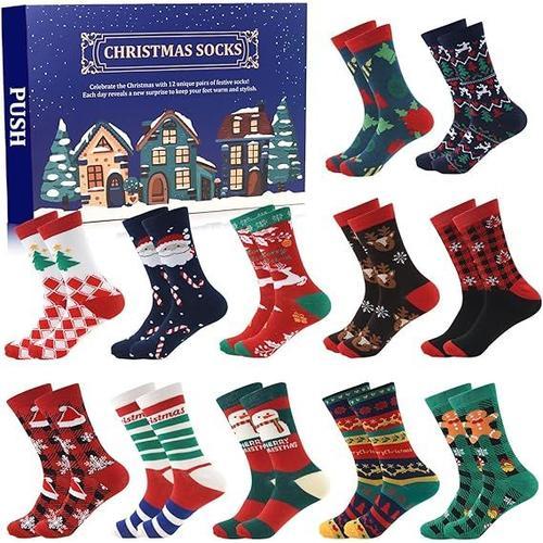 Chaussettes de Noël 2024 - AQSACOKIYA - 12 Paires Chaussettes de Noël - avec 12 Boîtes de Calendrier de l'Avent - Bleu