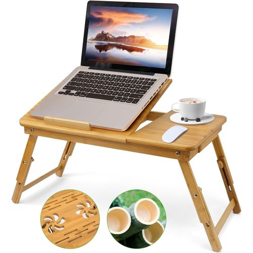 Table De Lit Pliable,Petite Table En Bambou Pour Ordinateur Portable, Plateau Ajustable 3 Positions, 50 X (22-30) X 30 Cm ,Trous D¿Aération,Petit Tiroir