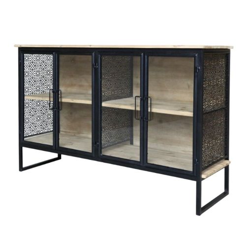 Buffet 4 Portes En Bois De Sapin Marron Et Fer Noir 121 X 38 X 80 Cm