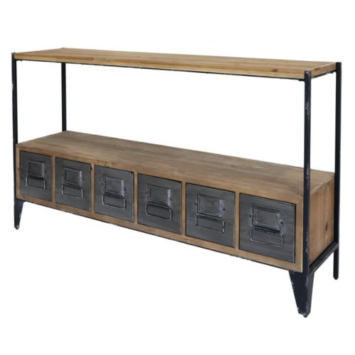 Meuble Buffet En Bois De Sapin Marron Et Zinc Gris 133 X 32.5 X 77 Cm