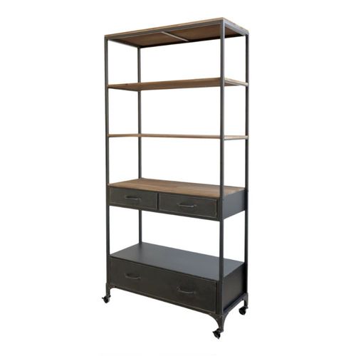 Bibliothèque Étagère En Bois Marron Et Fer Noir 91.5 X 42 X 200 Cm