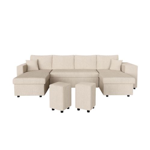 Canapé Panoramique Avec 2 Poufs Droit En Velours Côtelé - Beige