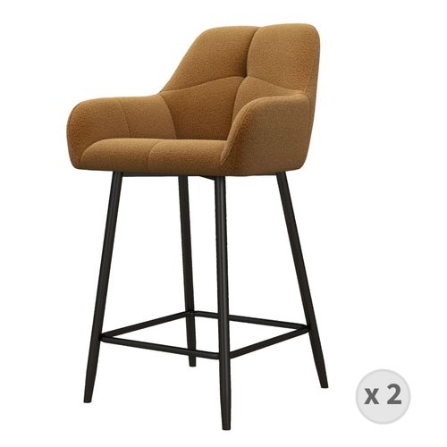 Lea-Tabouret De Bar En Tissu Bouclé Ocre Et Métal Noir (X2)