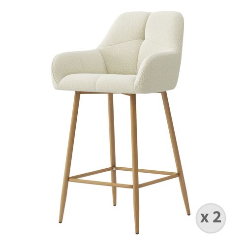 Lea-Tabouret De Bar En Tissu Bouclé Ecru Et Métal Décor Bois (X2)