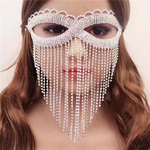 T1 - Argent - Décorations De Masque Facial À Pampilles Creuses En Cristal Pour Femmes, Bijoux De Visage, Fête, Biscuits Bling, Pompon, Voile, Masque De Masquage, Ins