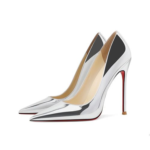 Chaussures Chaussures De Banquet Talons Hauts Argentés Et Fins En Cuir Vernibouche Peu Profonde Et Jolie Tuegrande Semelle Rougepour Femme