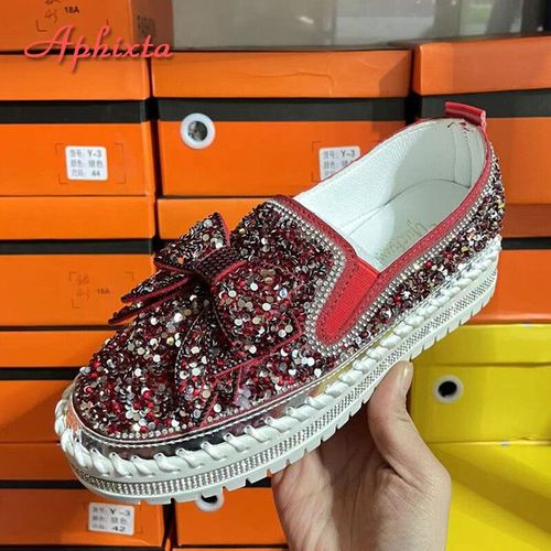 Aphfête Ta-Mocassins Plats En Cuir Pour Femmes,Chaussures Décontractées À N?Ud Pailmétrage En Cristal,Plateforme Rouge Vin,Grande Taille 42 43