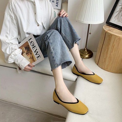 Chaussures Plates En Tissu 2024 Coton Pour Femme,Ballerine Jaune,Mocassins À Enfiler,Talon Pio,Mule,Grande Taille 43