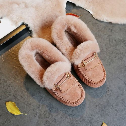 Chaussures Mocassins En Cuir Véritable Pour Femmeschaussures De Neige Laine Véritablemocassins Décontractésgrande Taillehivernouvelle Mode