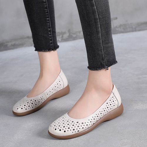 Chaussures Mocassins Bout Rond En Cuir Véritable Pour Femmechaussures D'été Blanchesrespirantesplatesdécontractées