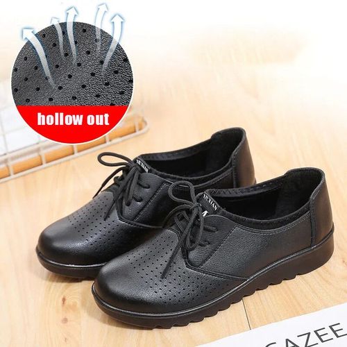 Chaussures Oxfordmocassins En Cuir Semelles Compensées Pour Femmechaussures De Travail Décontractées Lacetscouleur Unie Noirepour La Cuisineprintemps