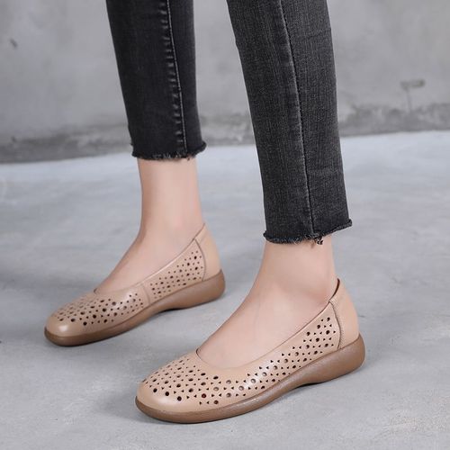Chaussures Mocassins Bout Rond En Cuir Véritable Pour Femmechaussures D'été Blanchesrespirantesplatesdécontractées