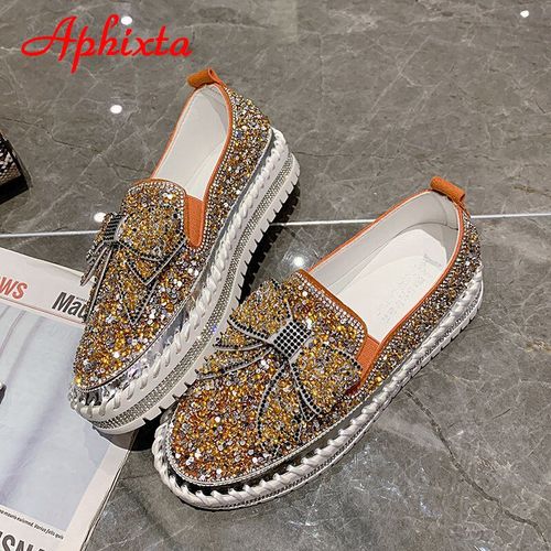Aphfête Ta-Mocassins Plats En Cuir Pour Femmes,Chaussures Décontractées À N?Ud Pailmétrage En Cristal,Plateforme Rouge Vin,Grande Taille 42 43