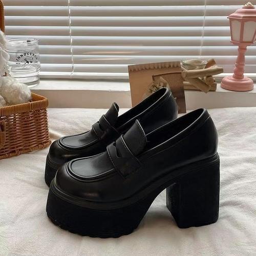 Petites Chaussures En Cuir Pu À Bout Rond,Chaussures Simples À Talons Hauts,Mocassins Jk,Semelle Haute Enfer,Noir,Petit