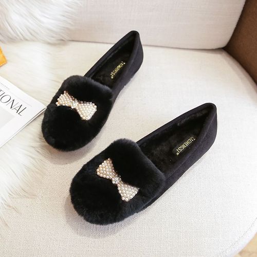Mocassins En Fourrure De Lapin Avec Pompons Pour Femme,Chaussures Plates En Laine,Mocassins En Pierre De Théâtre,Bottes Chaudes En Peluche,Coton,Grande Taille 34-43,Hiver