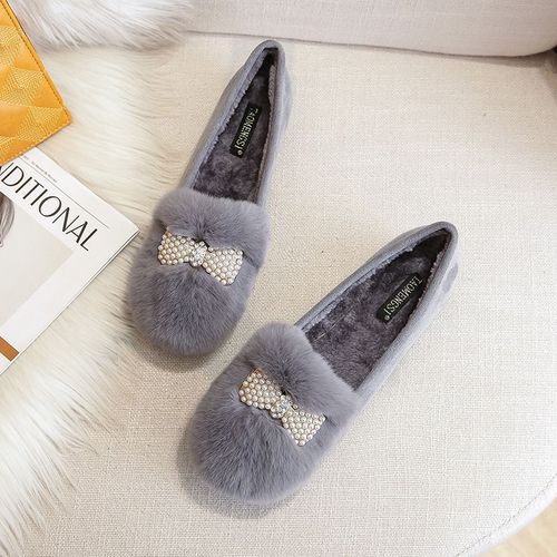 Mocassins En Fourrure De Lapin Avec Pompons Pour Femme,Chaussures Plates En Laine,Mocassins En Pierre De Théâtre,Bottes Chaudes En Peluche,Coton,Grande Taille 34-43,Hiver