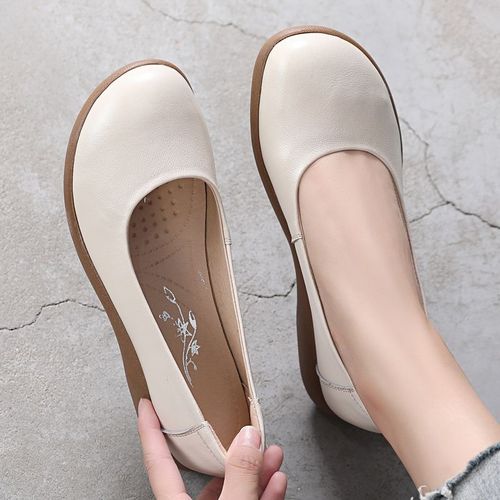 Chaussures Mocassins Bout Rond En Cuir Véritable Pour Femmechaussures D'été Blanchesrespirantesplatesdécontractées