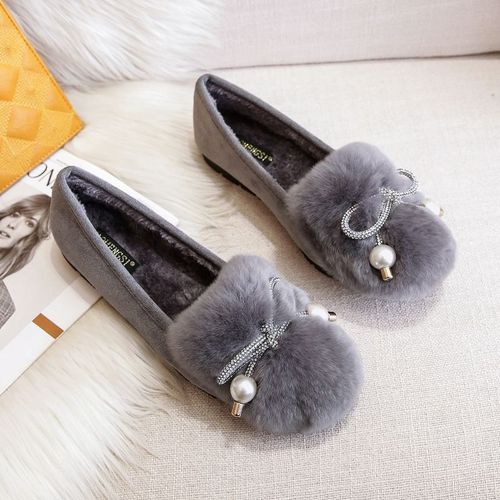 Mocassins En Fourrure De Lapin Avec Pompons Pour Femme,Chaussures Plates En Laine,Mocassins En Pierre De Théâtre,Bottes Chaudes En Peluche,Coton,Grande Taille 34-43,Hiver