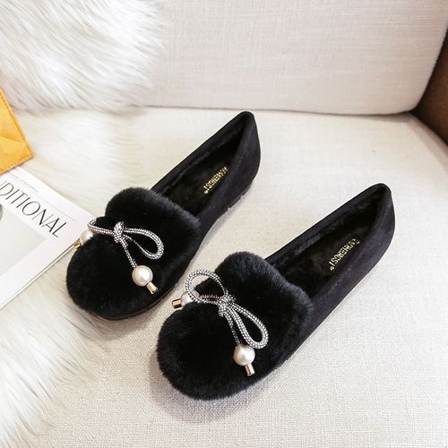 Mocassins En Fourrure De Lapin Avec Pompons Pour Femme,Chaussures Plates En Laine,Mocassins En Pierre De Théâtre,Bottes Chaudes En Peluche,Coton,Grande Taille 34-43,Hiver