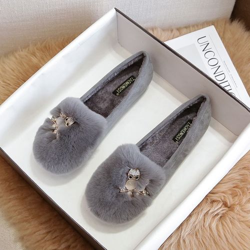 Mocassins En Fourrure De Lapin Avec Pompons Pour Femme,Chaussures Plates En Laine,Mocassins En Pierre De Théâtre,Bottes Chaudes En Peluche,Coton,Grande Taille 34-43,Hiver