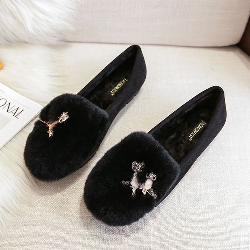 Mocassins En Fourrure De Lapin Avec Pompons Pour Femme,Chaussures Plates En Laine,Mocassins En Pierre De Théâtre,Bottes Chaudes En Peluche,Coton,Grande Taille 34-43,Hiver