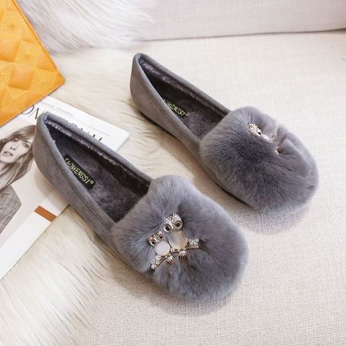 Mocassins En Fourrure De Lapin Avec Pompons Pour Femme,Chaussures Plates En Laine,Mocassins En Pierre De Théâtre,Bottes Chaudes En Peluche,Coton,Grande Taille 34-43,Hiver