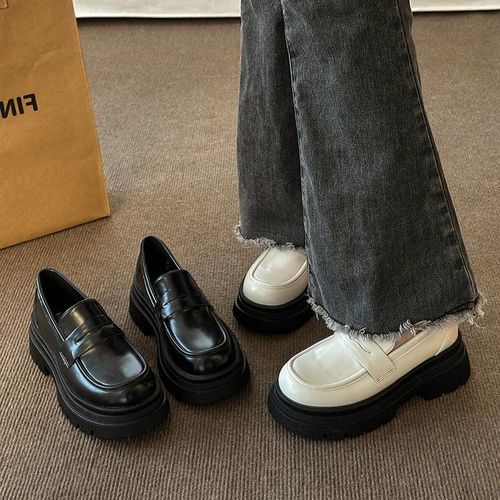 Mocassins Avec Fourrure Pour Femmes,Chaussures À Plateforme Ronde,Style Britannique,Bouche Peu Profonde,Chaussures D'automne Pour Femmes,Bottes Décontractées,Noir - 35
