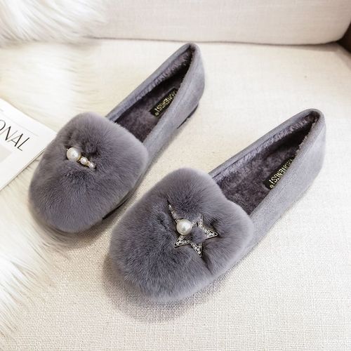 Mocassins En Fourrure De Lapin Avec Pompons Pour Femme,Chaussures Plates En Laine,Mocassins En Pierre De Théâtre,Bottes Chaudes En Peluche,Coton,Grande Taille 34-43,Hiver